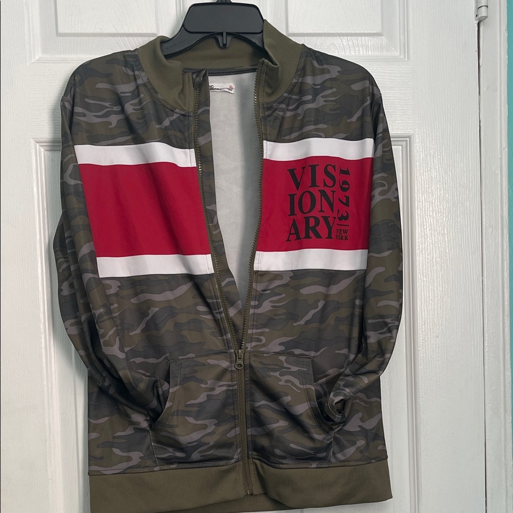 Epic Threads Camouflage Bomber Jacket with Red Accent